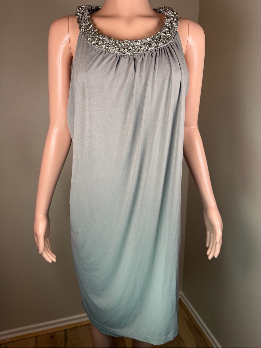 Donna Ricco Beaded Neck Sleeveless Midi Dress in Light Gray